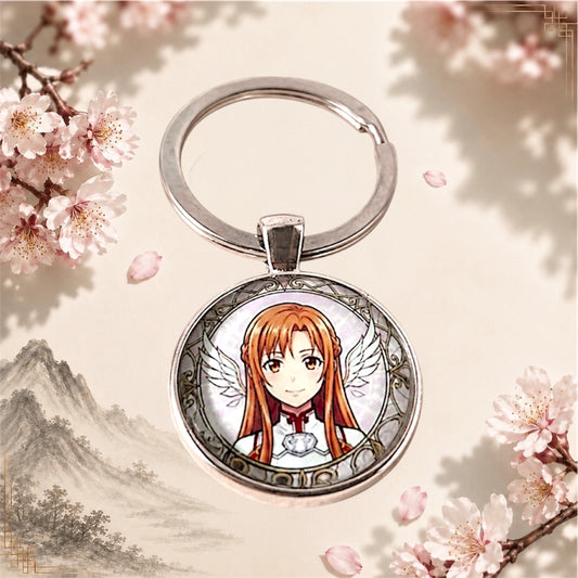 Sword Art Online Anime-Schlüsselanhänger mit rundem Motiv und silbernem Metallanhänger