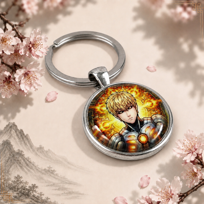 One Punch Man Anime-Schlüsselanhänger mit rundem Motiv und silbernem Metallanhänger