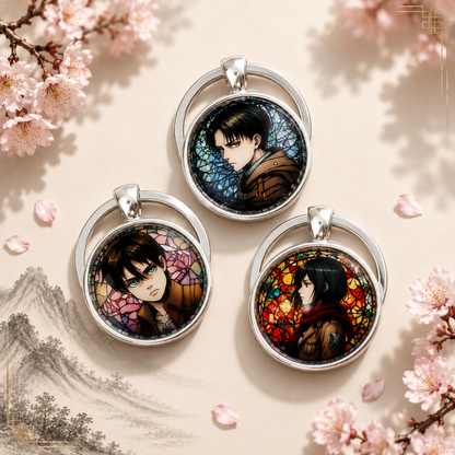 Attack on Titan Anime-Schlüsselanhänger mit rundem Motiv und silbernem Metallanhänger