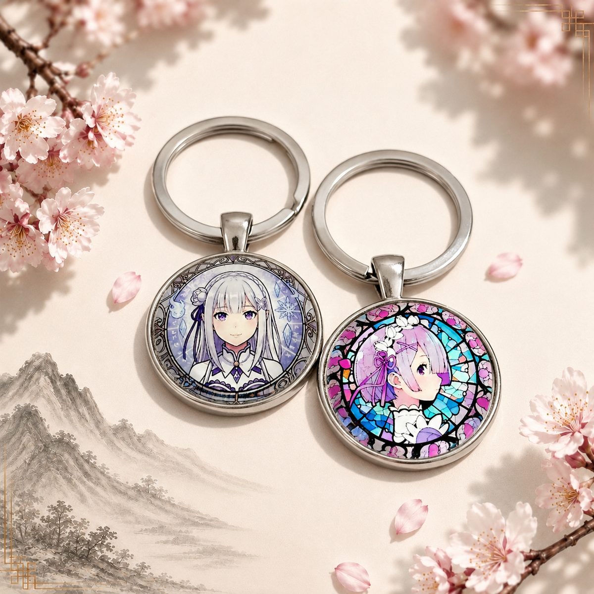 Re:Zero Anime-Schlüsselanhänger mit rundem Motiv und silbernem Metallanhänger
