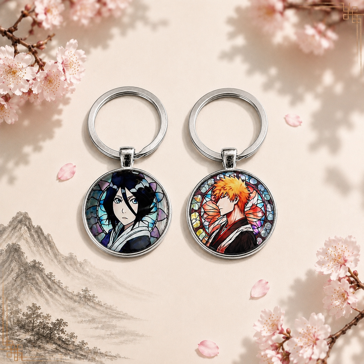 Bleach Anime-Schlüsselanhänger mit rundem Motiv und silbernem Metallanhänger