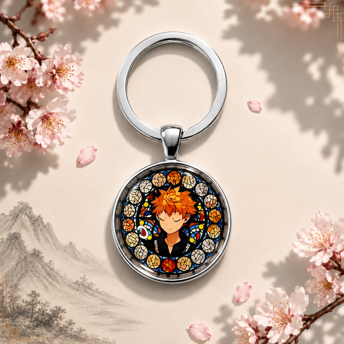 Haikyu!! Anime-Schlüsselanhänger mit rundem Motiv und silbernem Metallanhänger