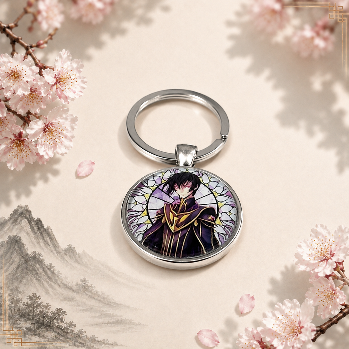 Handgefertigter Code Geass Anime-Schlüsselanhänger mit rundem Motiv und silbernem Metallanhänger.
