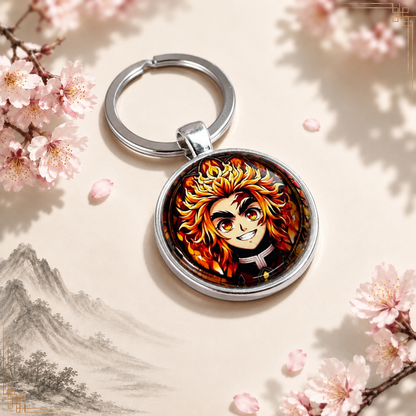 Demon Slayer Anime-Schlüsselanhänger mit rundem Motiv und silbernem Metallanhänger