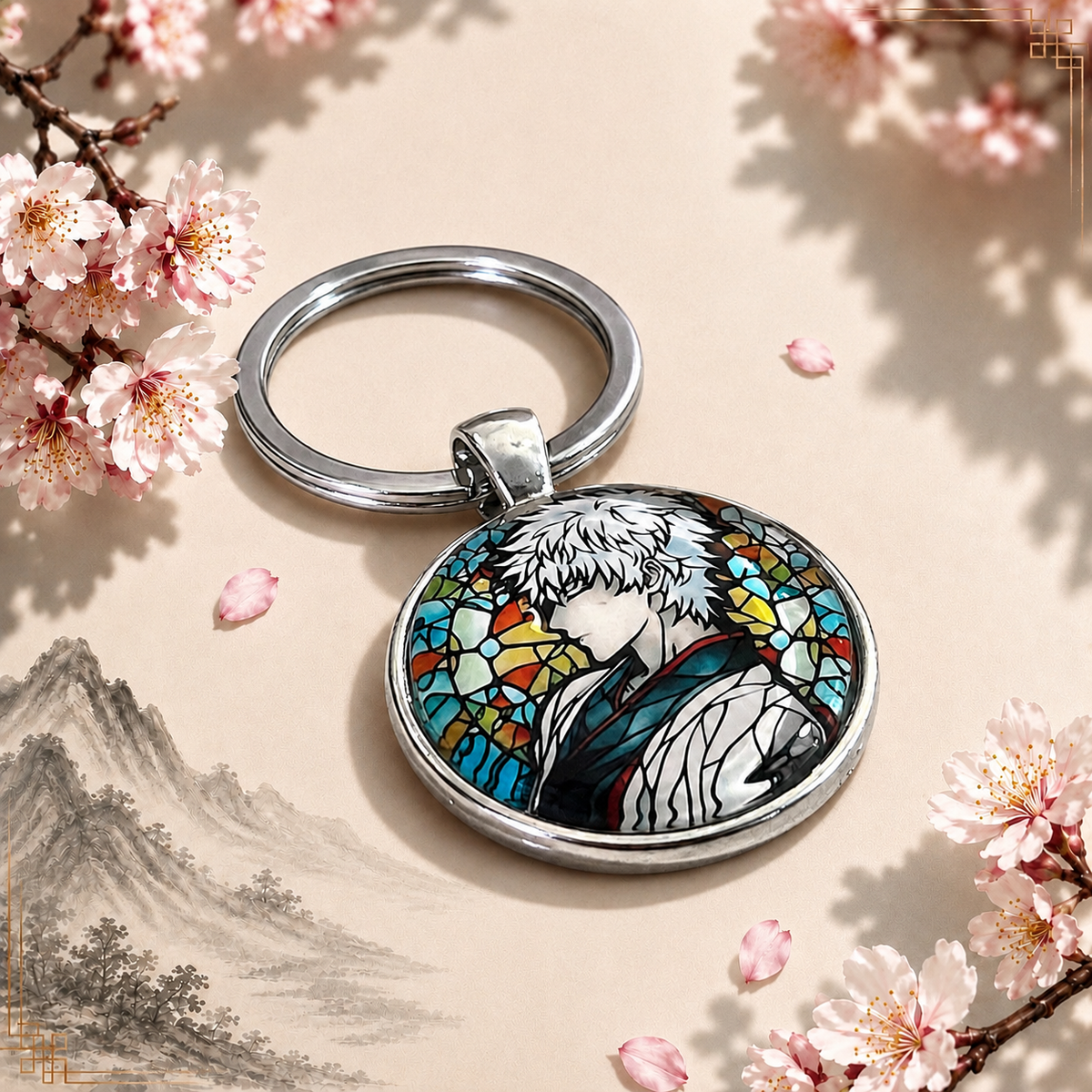 Gintama Anime-Schlüsselanhänger mit rundem Motiv und silbernem Metallanhänger