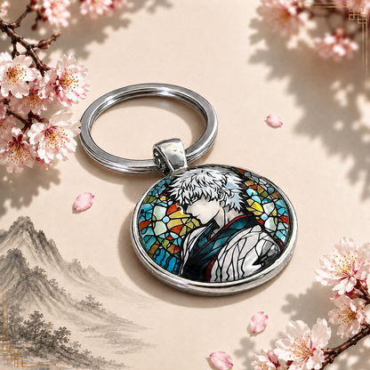 Gintama Anime-Schlüsselanhänger mit rundem Motiv und silbernem Metallanhänger