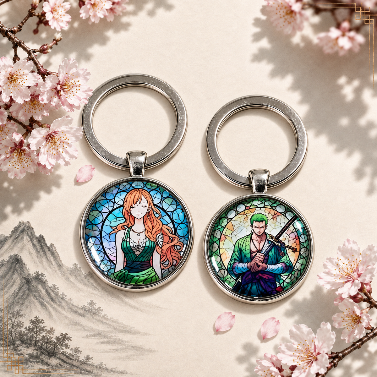 One Piece Anime-Schlüsselanhänger mit Nami rundem Motiv und silbernem Metallanhänger
