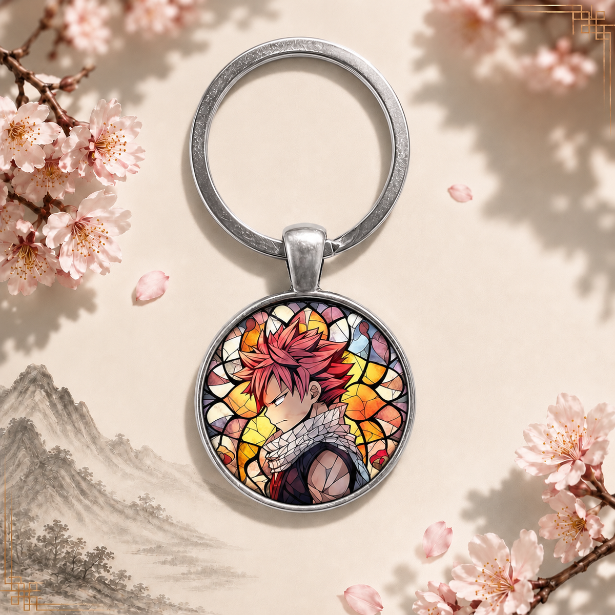 Fairy Tail Anime-Schlüsselanhänger mit rundem Motiv und silbernem Metallanhänger