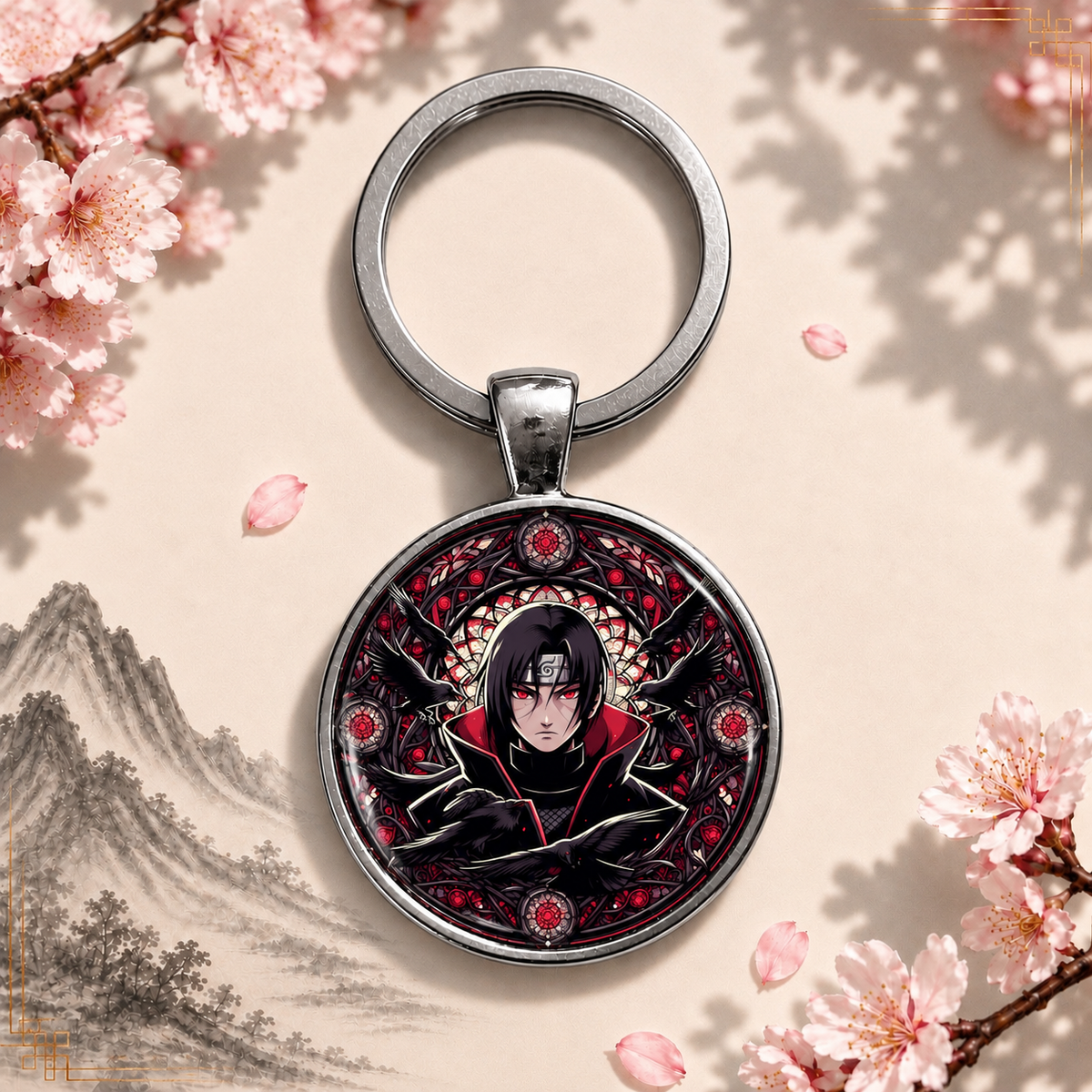 Naruto Anime-Schlüsselanhänger mit rundem Motiv und silbernem Metallanhänger