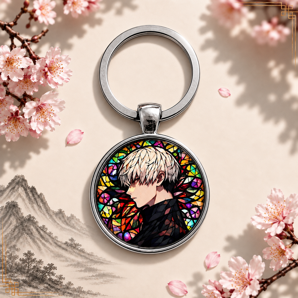 Tokyo Ghoul Anime-Schlüsselanhänger mit rundem Motiv und silbernem Metallanhänger