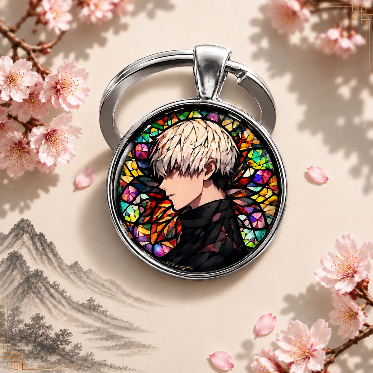 Tokyo Ghoul Anime-Schlüsselanhänger mit rundem Motiv und silbernem Metallanhänger