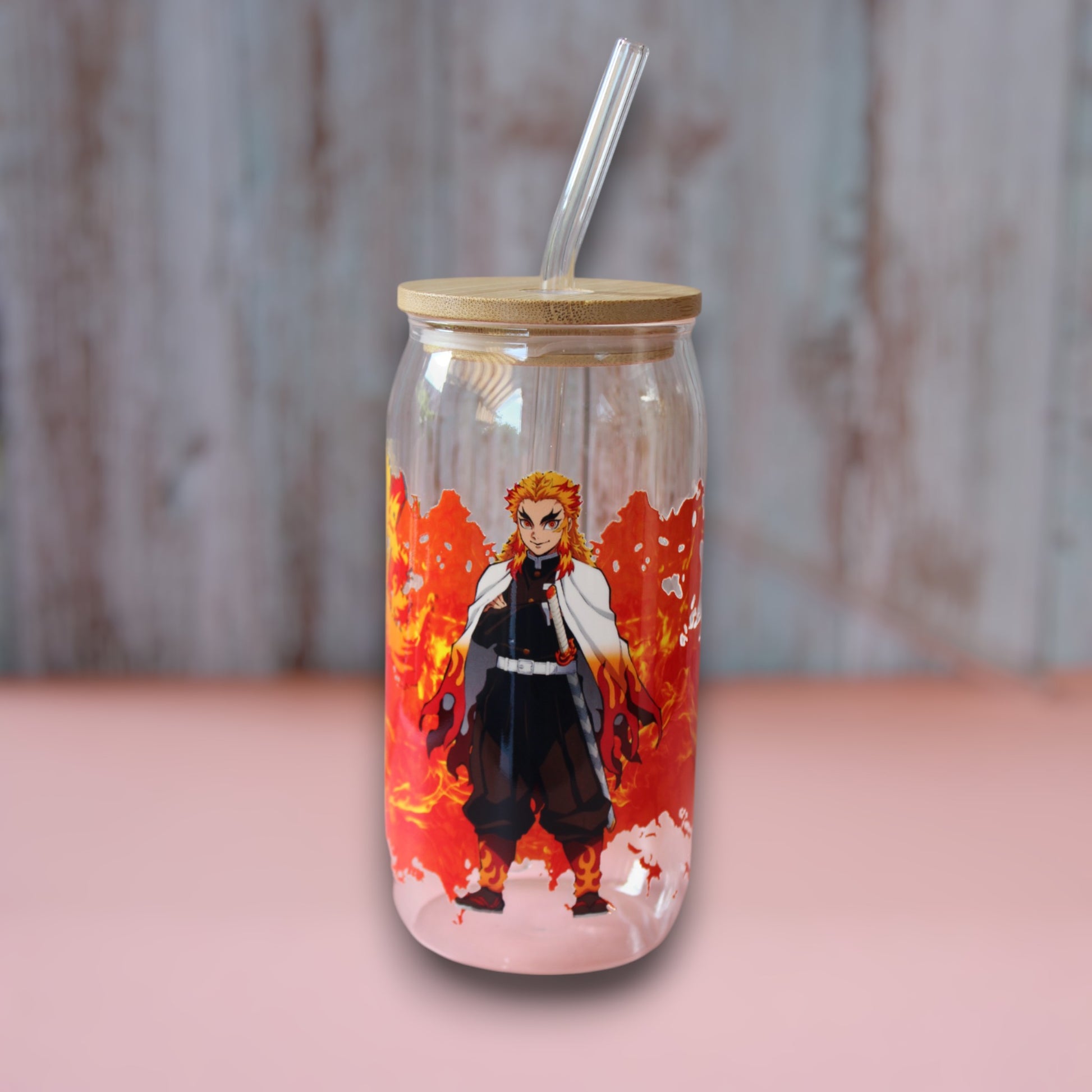 Trinkglas mit Bambus Deckel und Glasstrohhalm | Anime Trinkglas |  Demon Slayer Trinkglas | Trinkbecher | Nezuko| Tanjiro | 560ml | 18 uz.