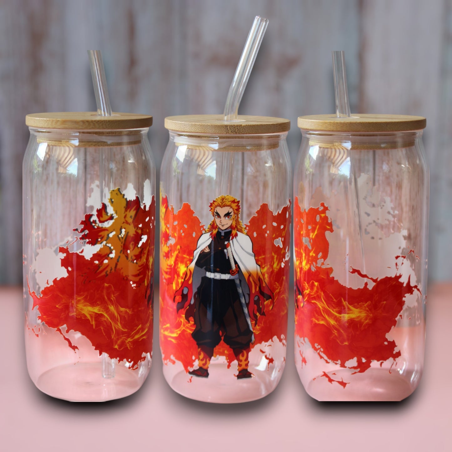 Trinkglas mit Bambus Deckel und Glasstrohhalm | Anime Trinkglas |  Demon Slayer Trinkglas | Trinkbecher | Nezuko| Tanjiro | 560ml | 18 uz.