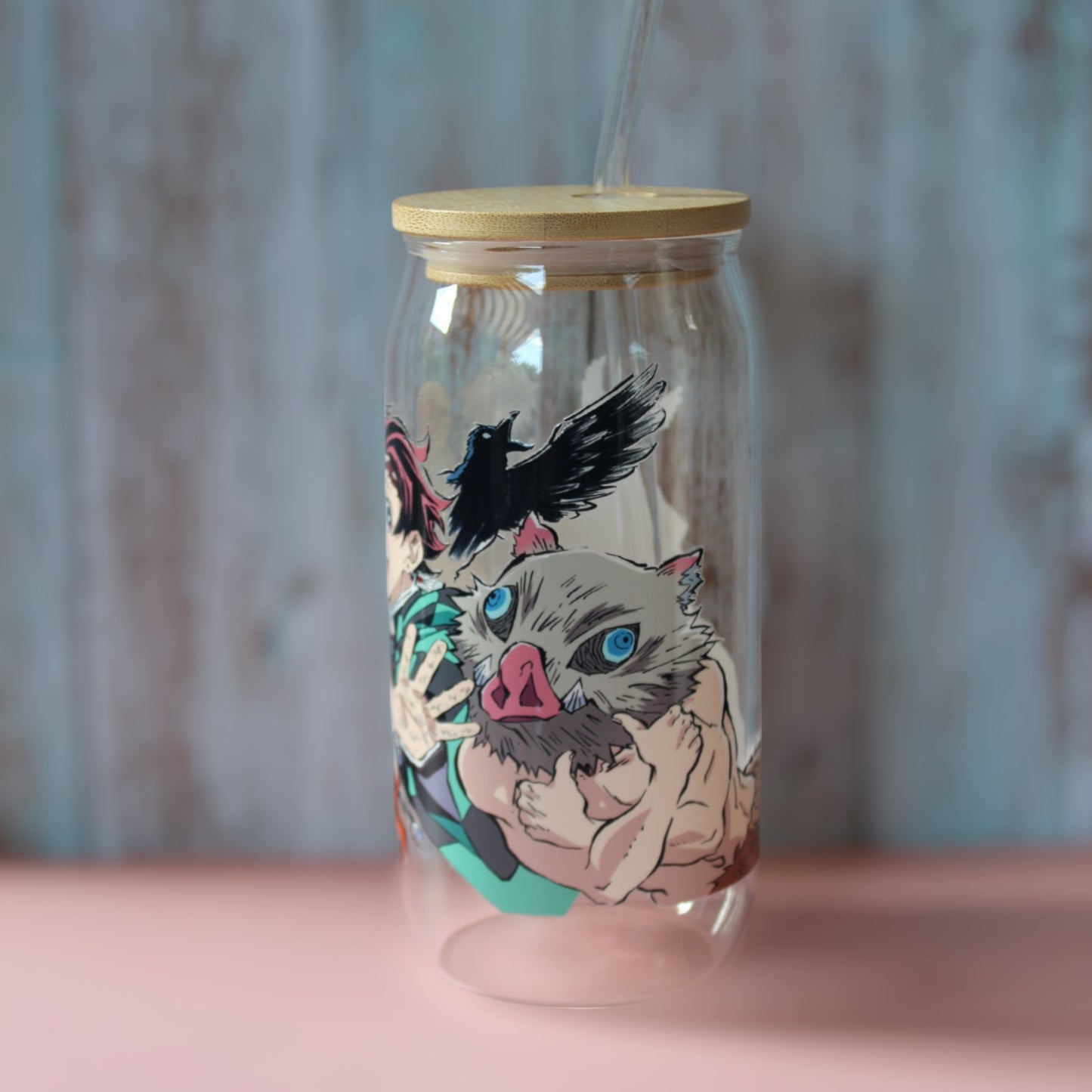 Trinkglas mit Bambus Deckel und Glasstrohhalm | Anime Trinkglas |  Demon Slayer Trinkglas | Trinkbecher | Nezuko| Tanjiro | 560ml | 18 uz.