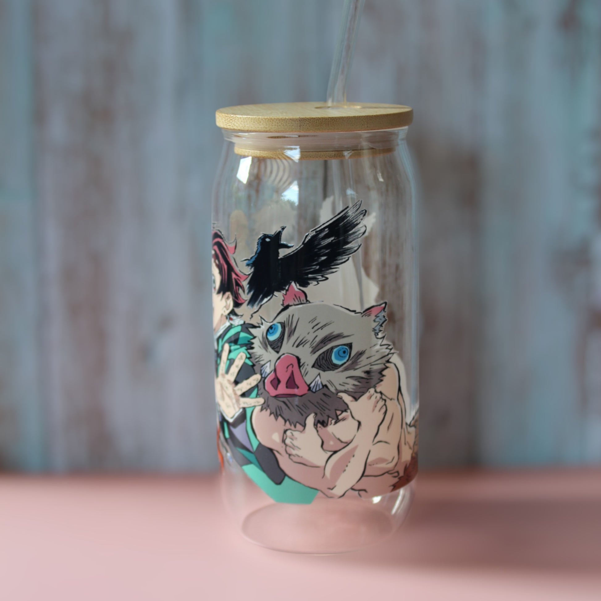 Trinkglas mit Bambus Deckel und Glasstrohhalm | Anime Trinkglas |  Demon Slayer Trinkglas | Trinkbecher | Nezuko| Tanjiro | 560ml | 18 uz.