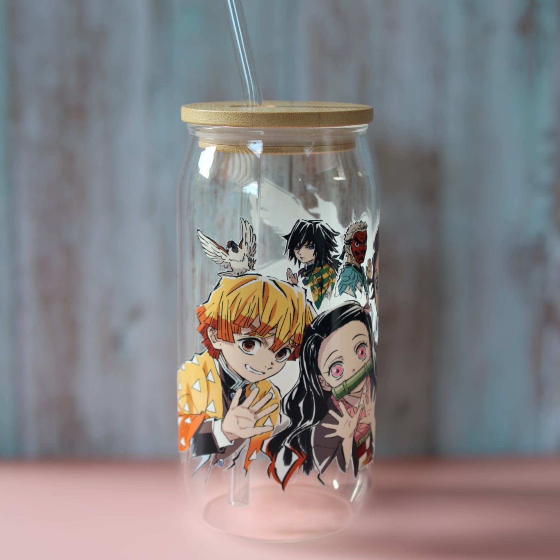 Trinkglas mit Bambus Deckel und Glasstrohhalm | Anime Trinkglas |  Demon Slayer Trinkglas | Trinkbecher | Nezuko| Tanjiro | 560ml | 18 uz.