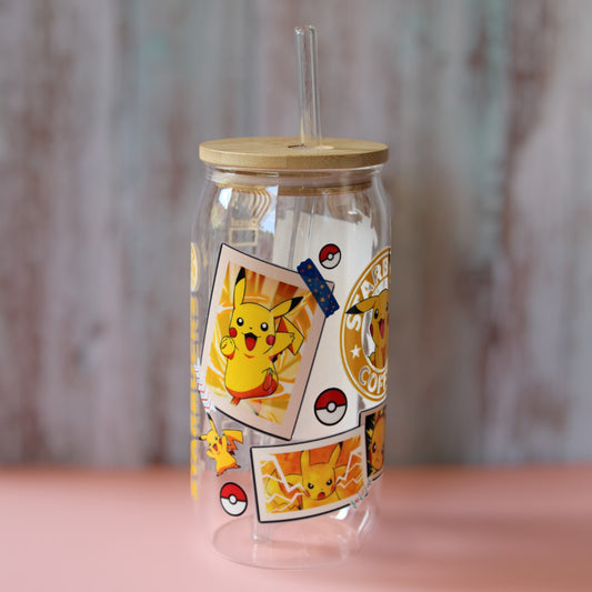 Trinkglas mit Bambus Deckel und Glasstrohhalm | Anime Trinkglas | Pokémon Trinkglas | Pikachu | Bisasam| Glumanda| Pokémon | 560ml | 18 uz.
