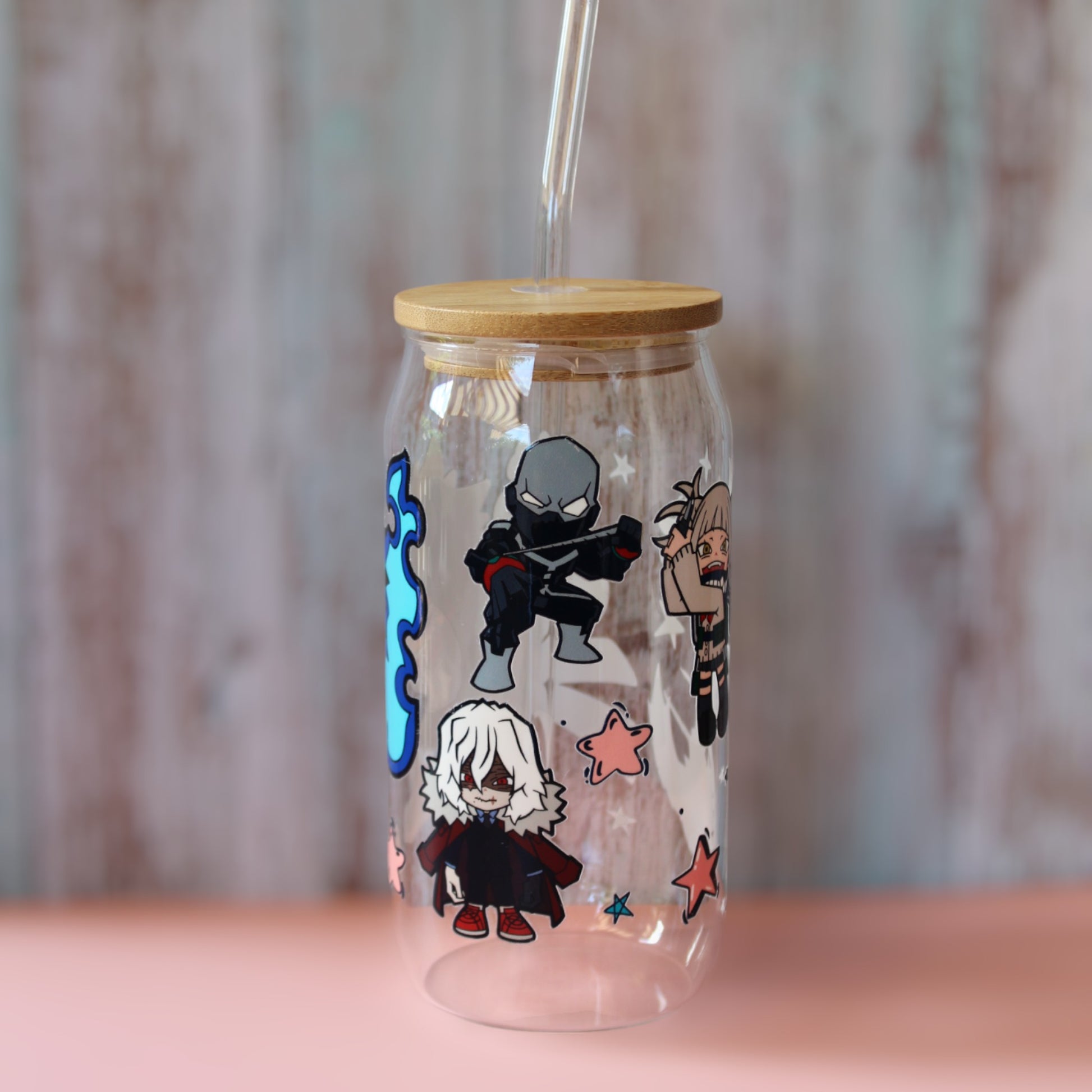 Trinkglas mit Bambus Deckel und Glasstrohhalm | Anime Trinkglas | My Hero Academia Trinkglas | Dabi | Midoriya |Trinkbecher| 560ml| 18 uz.