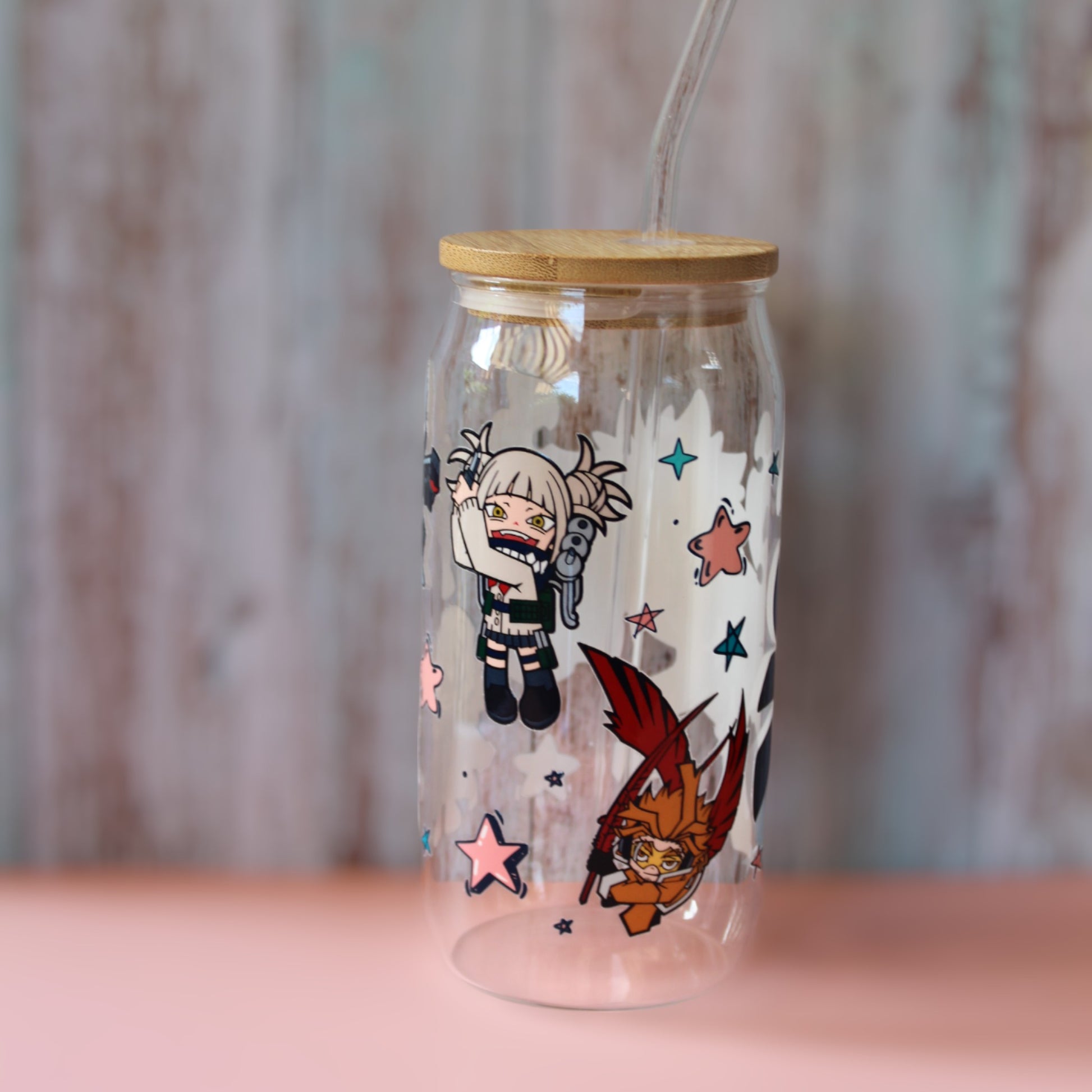 Trinkglas mit Bambus Deckel und Glasstrohhalm | Anime Trinkglas | My Hero Academia Trinkglas | Dabi | Midoriya |Trinkbecher| 560ml| 18 uz.