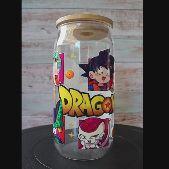 Trinkglas mit Bambus Deckel und Glasstrohhalm | Anime Trinkglas | Dragon Ball Trinkglas | Dragon Ball Z | Son Goku | Becher | 560ml | 18 uz.