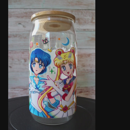 Trinkglas mit Bambus Deckel und Glasstrohhalm | Anime Trinkglas | Sailor Moon Trinkglas | Sailor Moon Becher | Trinkbecher | 560ml | 18 uz.