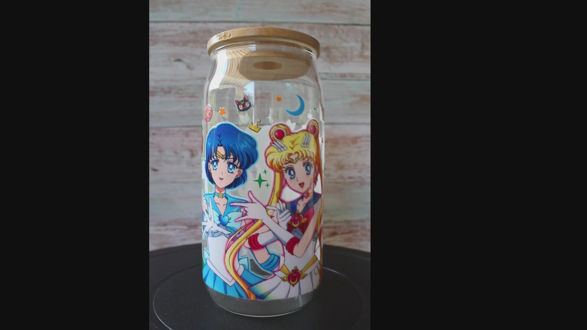 Trinkglas mit Bambus Deckel und Glasstrohhalm | Anime Trinkglas | Sailor Moon Trinkglas | Sailor Moon Becher | Trinkbecher | 560ml | 18 uz.