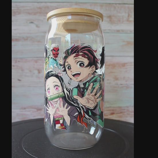 Trinkglas mit Bambus Deckel und Glasstrohhalm | Anime Trinkglas |  Demon Slayer Trinkglas | Trinkbecher | Nezuko| Tanjiro | 560ml | 18 uz.